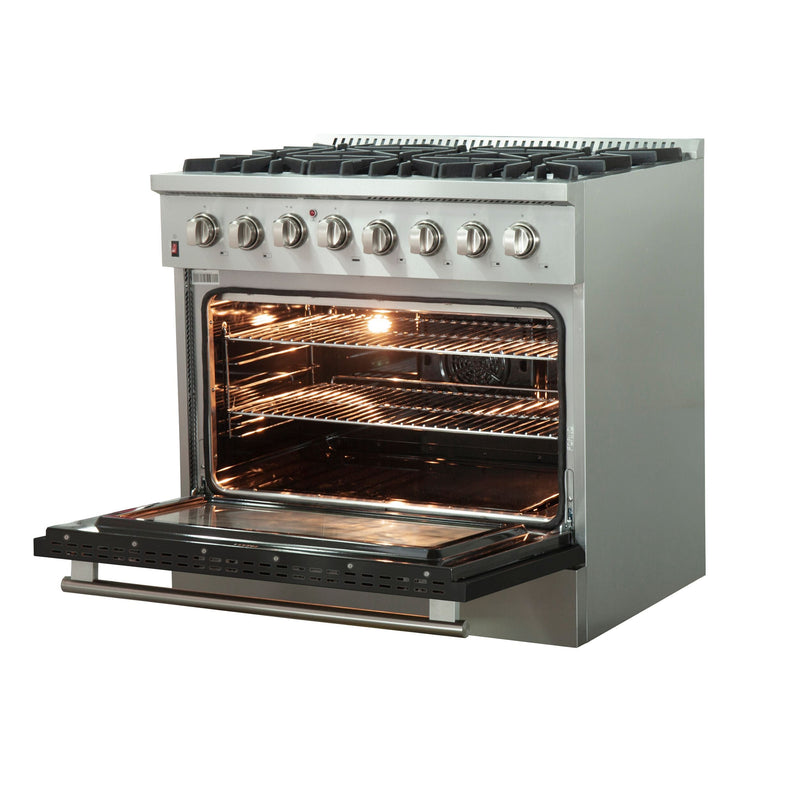 Forno 36" Galiano Dual Fuel Range with 6 Gas Burners and 240v Electric Oven in Stainless Steel with Black Door (FFSGS6156-36BLK) Ranges Forno 