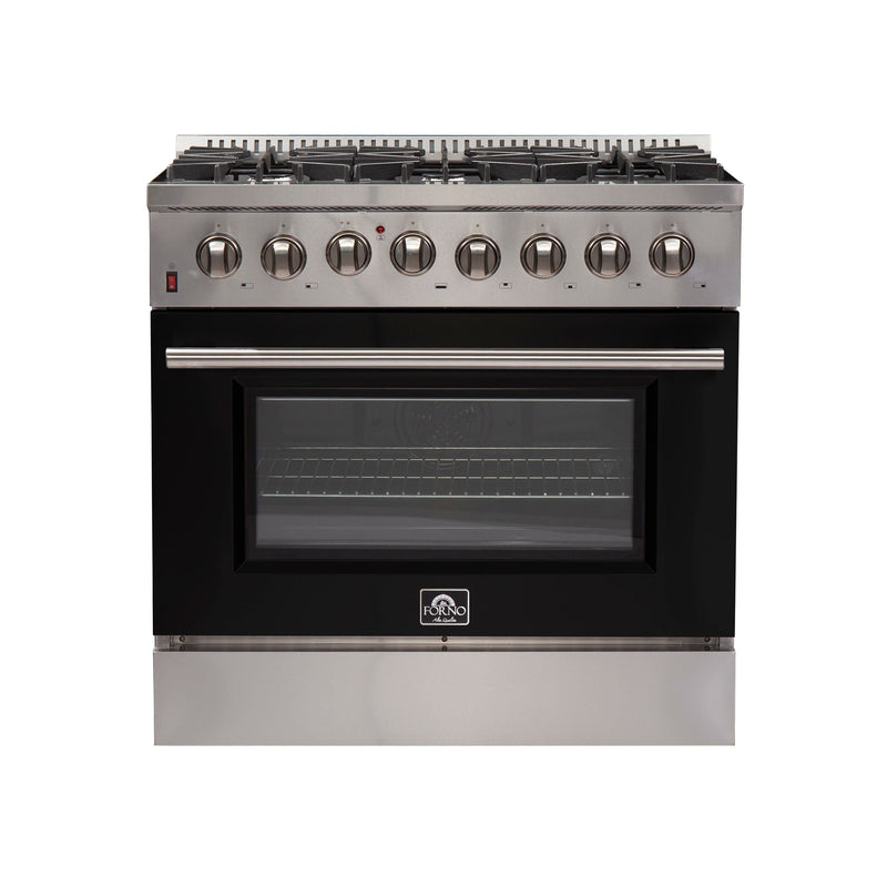 Forno 36" Galiano Dual Fuel Range with 6 Gas Burners and 240v Electric Oven in Stainless Steel with Black Door (FFSGS6156-36BLK) Ranges Forno 