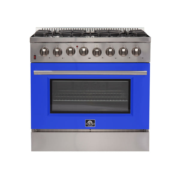 Forno 36" Galiano Dual Fuel Range with 6 Gas Burners and 240v Electric Oven in Stainless Steel with Blue Door (FFSGS6156-36BLU) Ranges Forno 