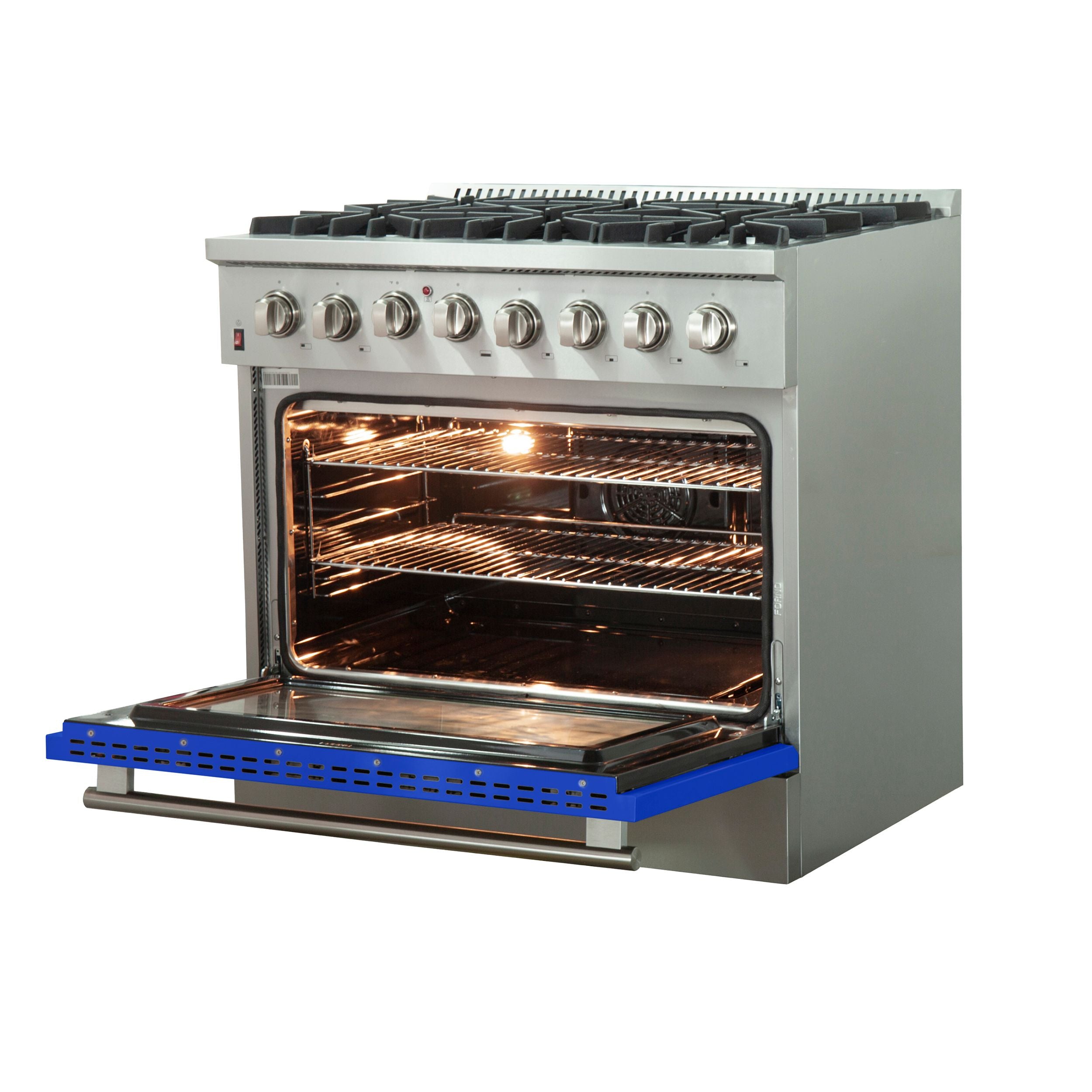 Dual fuel range with open oven door, lit oven interior, and blue lower panel