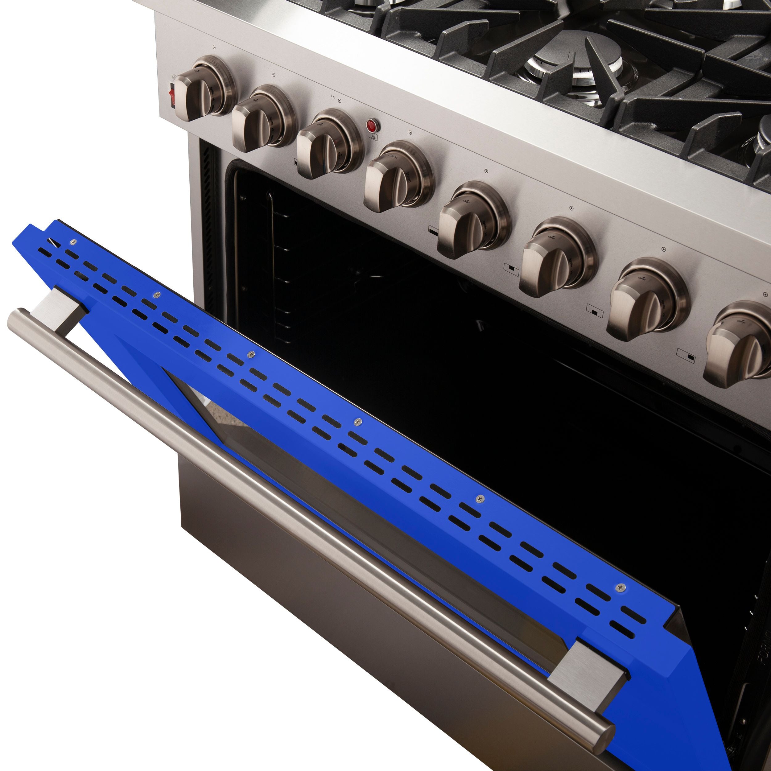 Stainless steel dual fuel range with blue control panel and six gas burner knobs