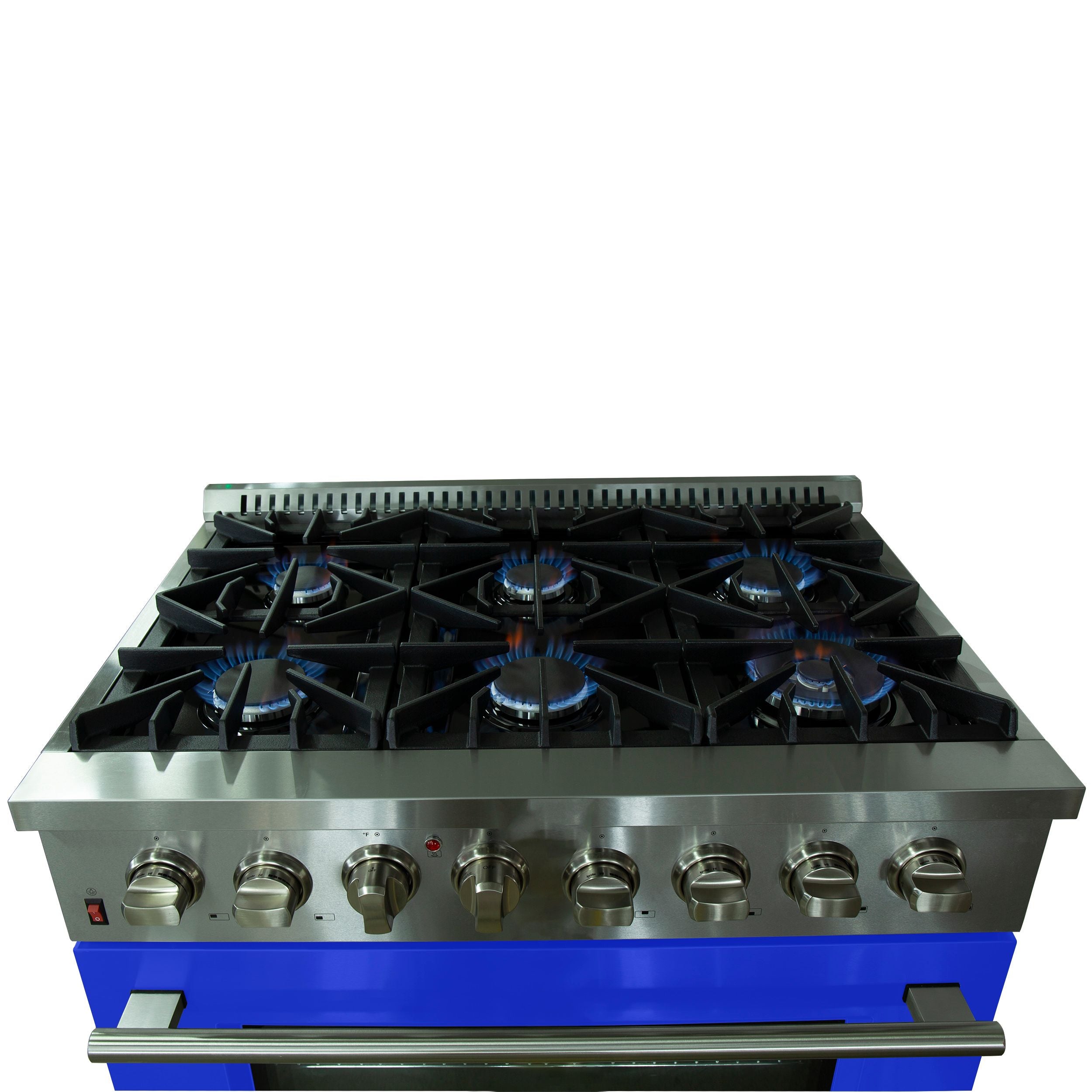 Stainless steel dual fuel range with six gas burners and blue front trim