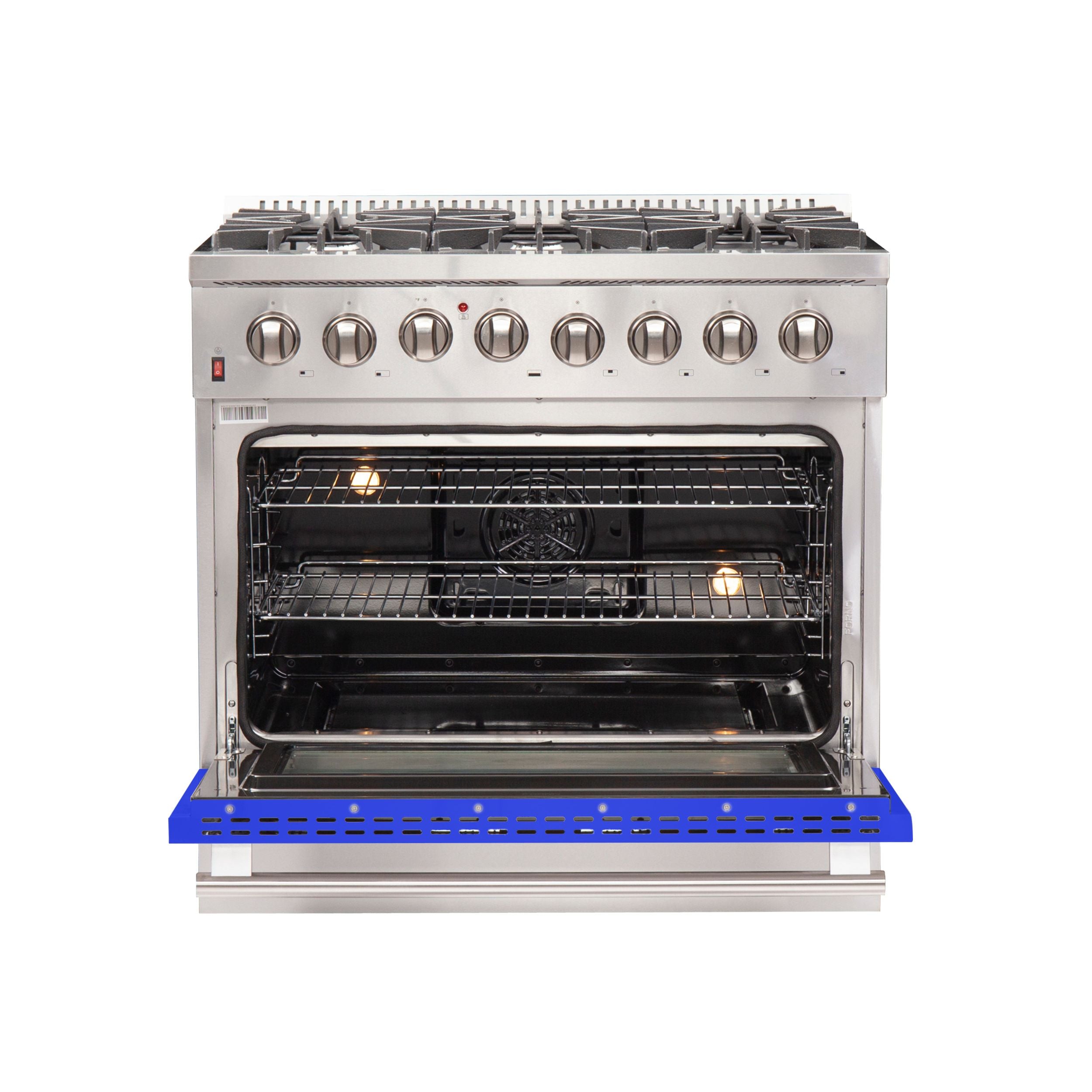 Dual fuel range open oven with lit racks and blue lower panel
