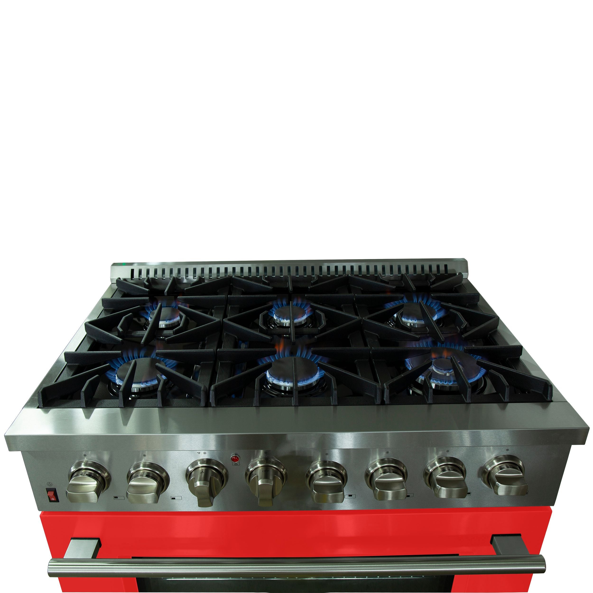 Stainless steel dual-fuel range cooktop with 6 gas burners, black grates, blue flames.