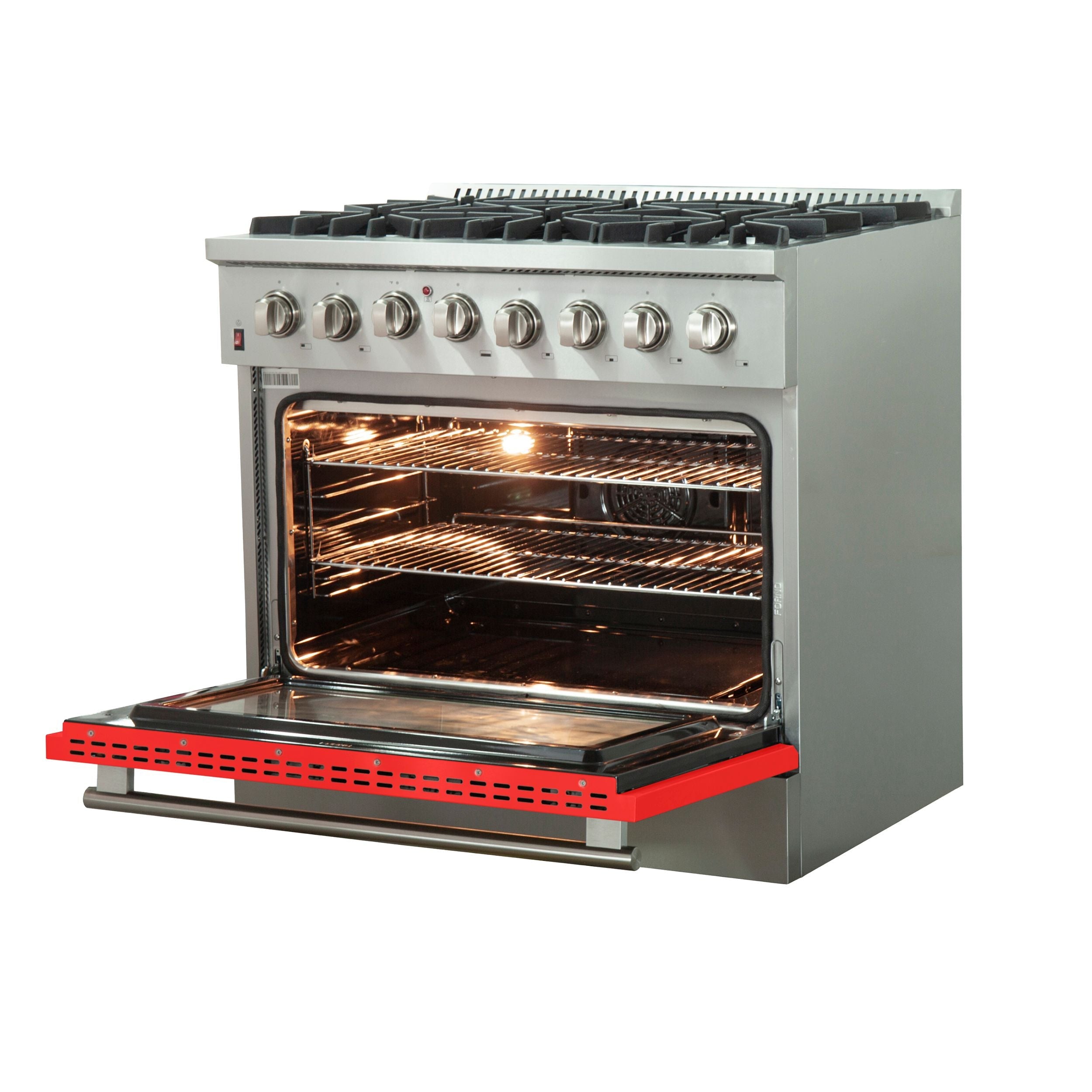 Stainless steel oven open with glowing heating element, wire racks, red lower drawer trim.