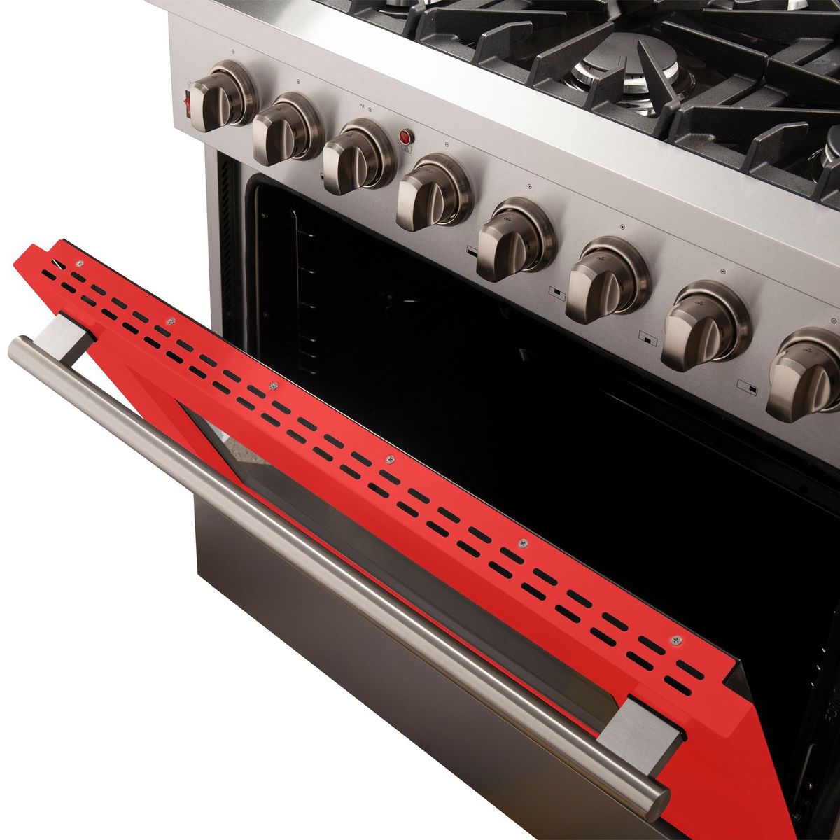 Stainless control knobs with red kick plate; drawer handle and vented red trim panel.