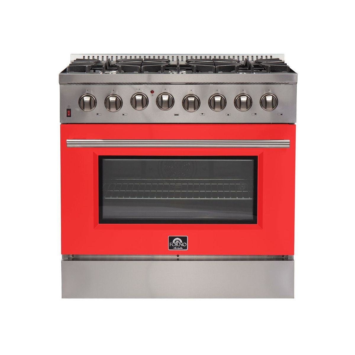 Stainless steel range with red oven door and black oven window, row of control knobs.