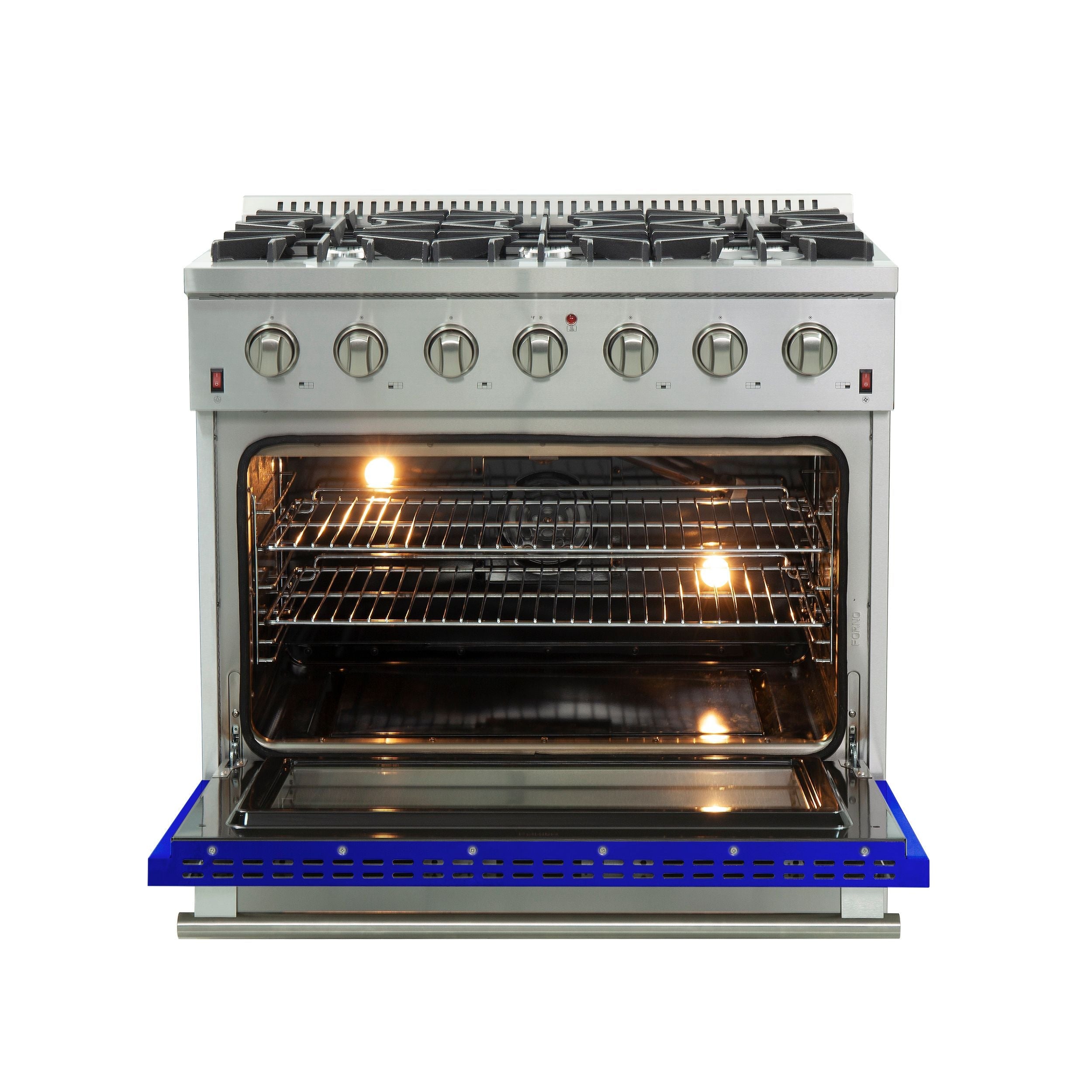 Stainless steel gas range with oven door open, interior racks, and lit gas oven