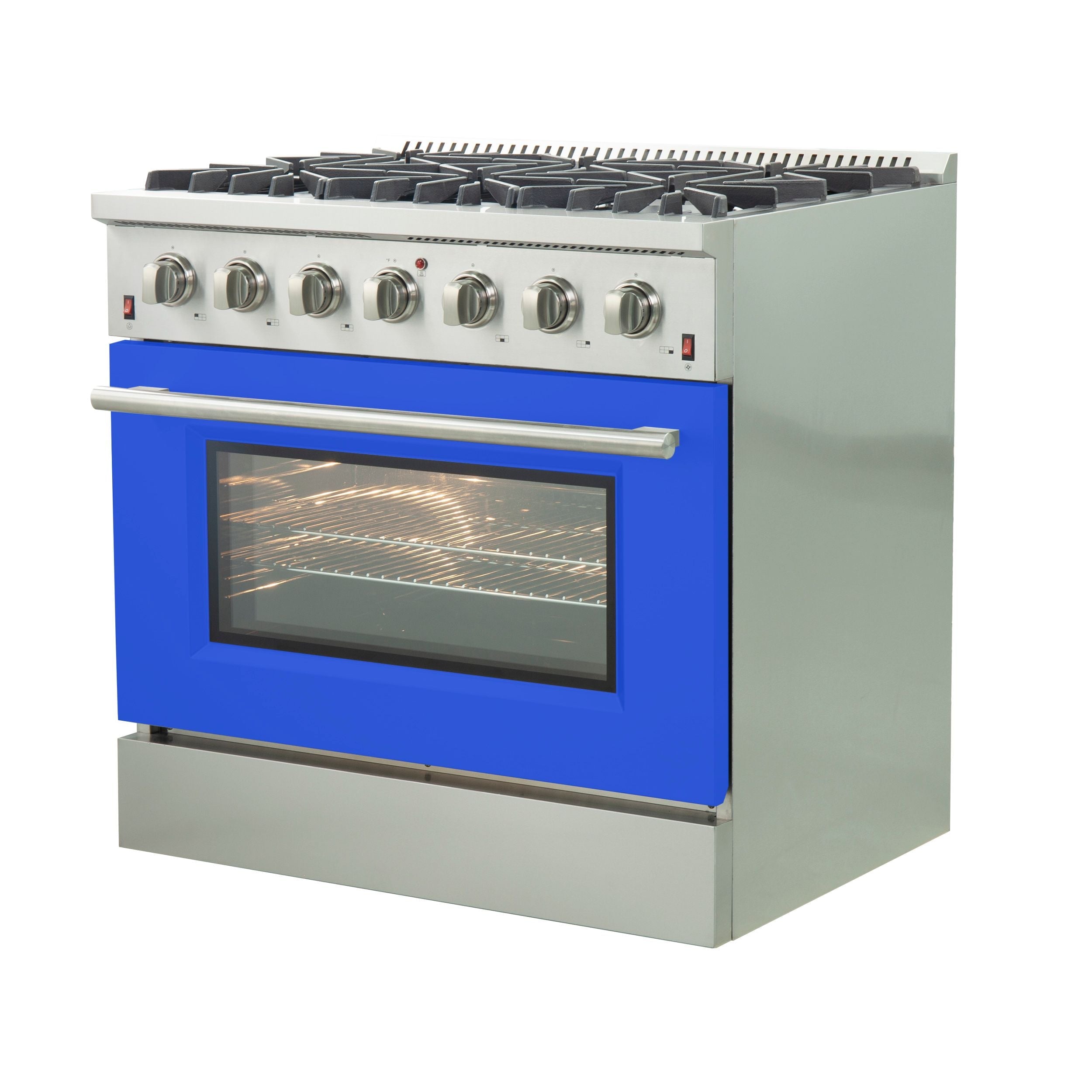 Stainless steel gas range with blue oven door and control knobs, six burner cooktop