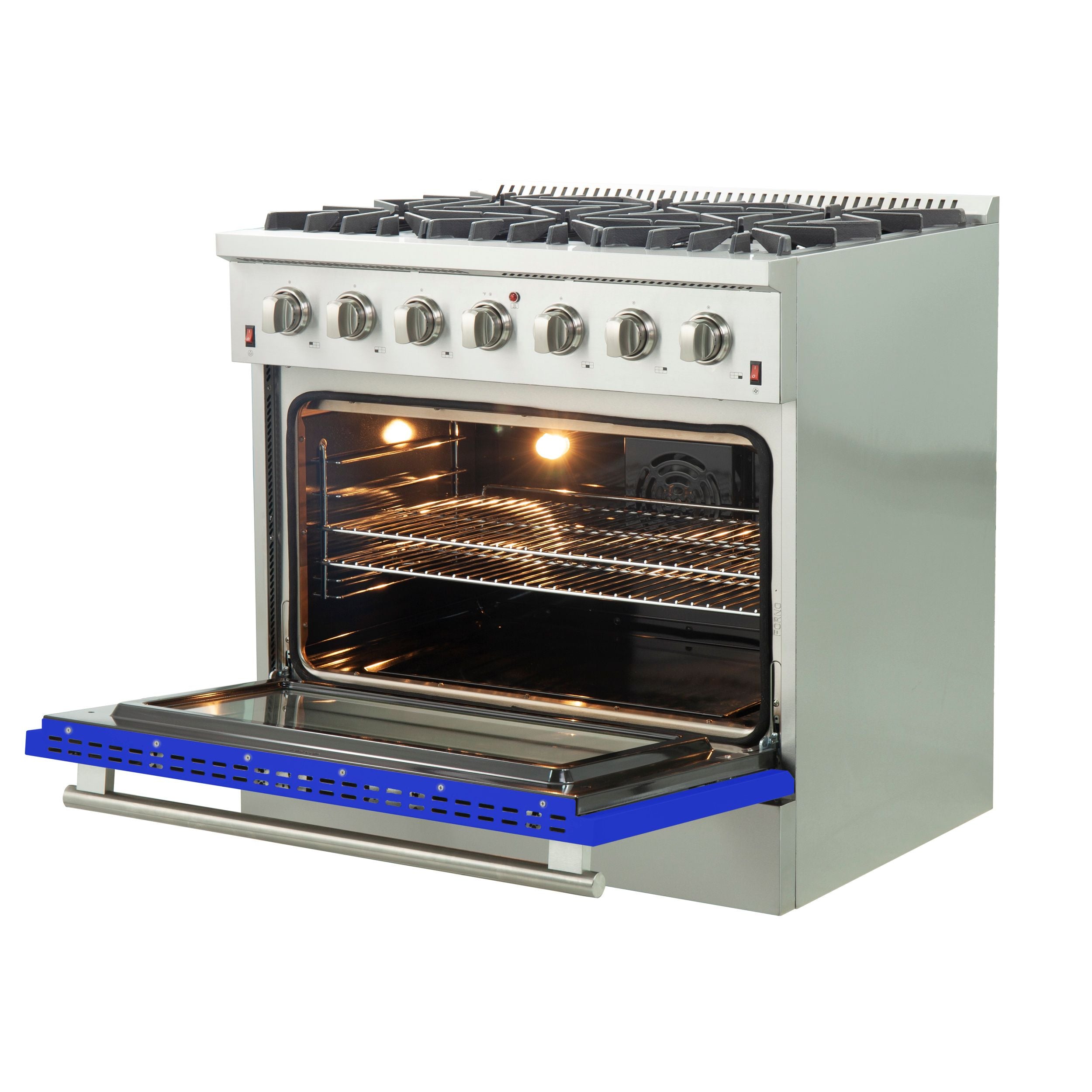 Stainless steel gas range with open oven door and lit interior, blue lower kick panel