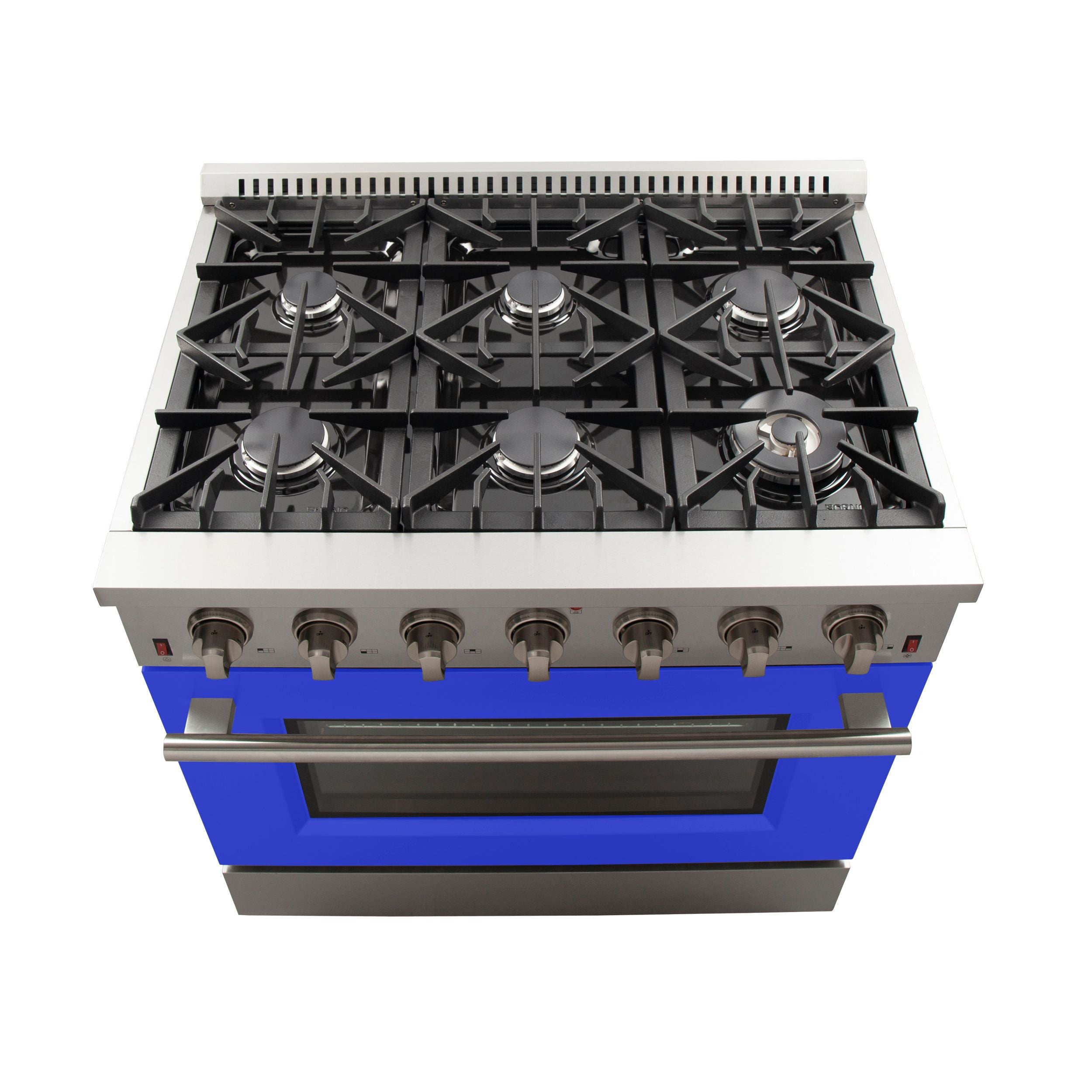Six-burner gas cooktop on stainless steel range with control knobs and blue trim