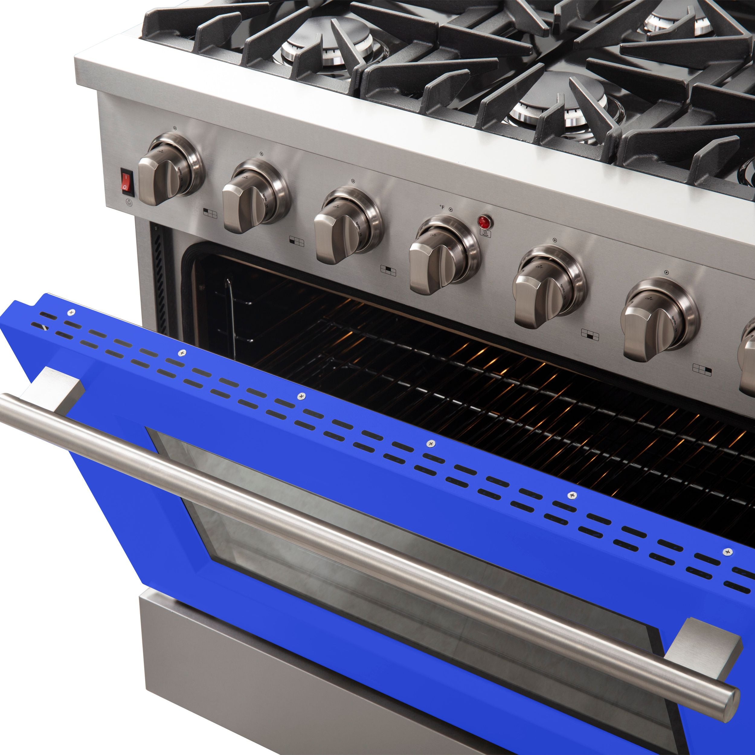 Stainless steel gas range side view with blue door trim, burners, and control knobs