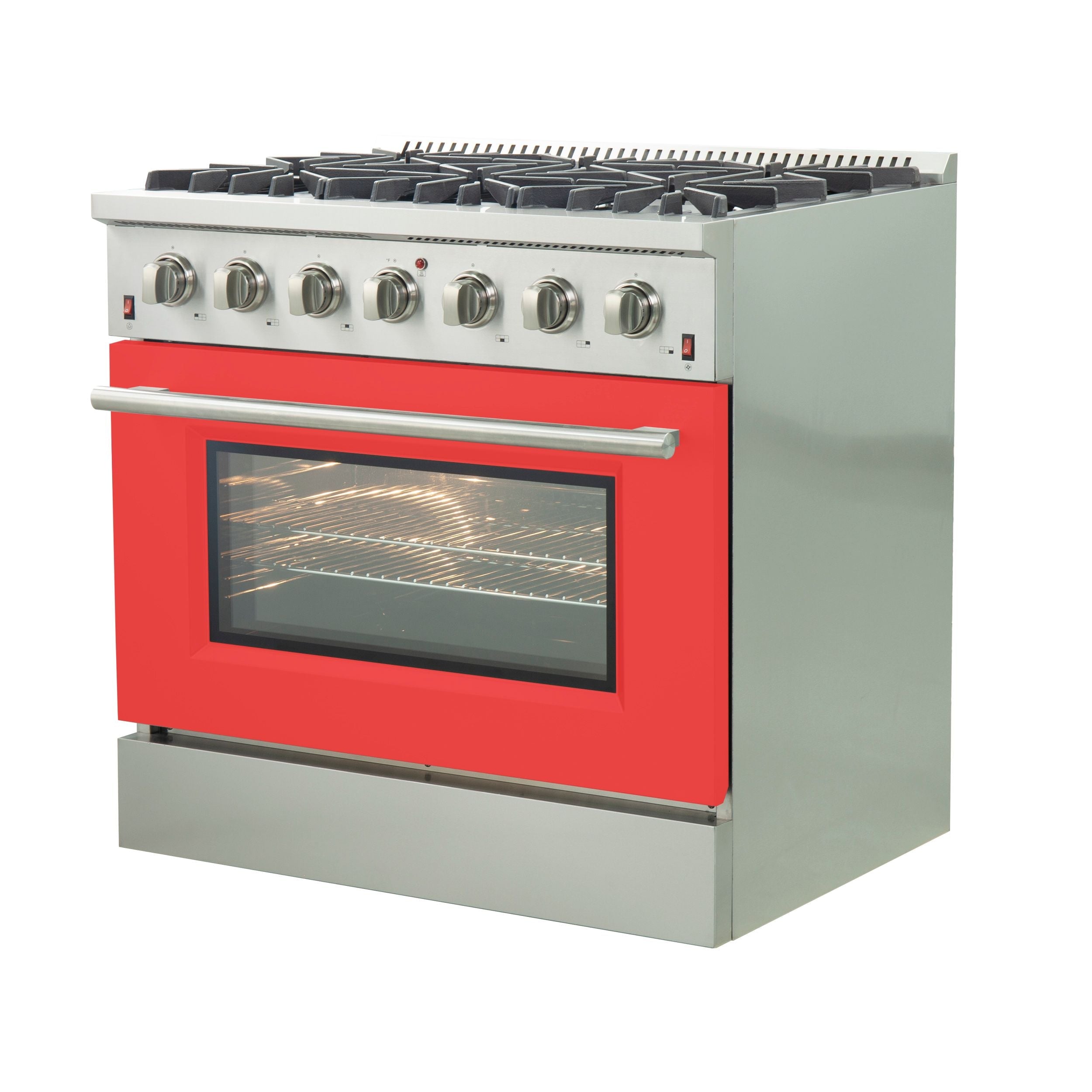 Stainless steel gas range with red oven door and 6-burner cooktop