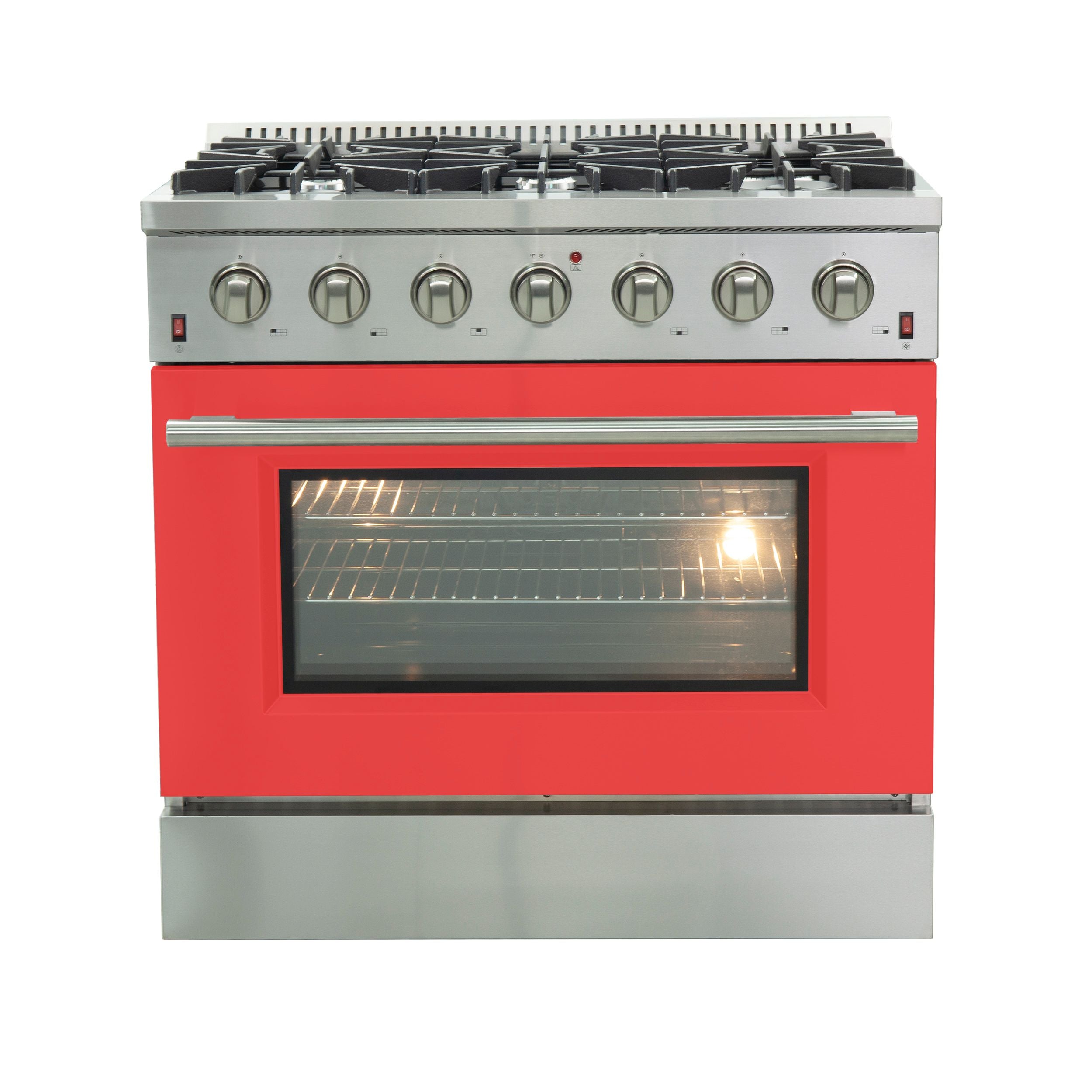 Red door stainless steel gas range with lit convection oven interior