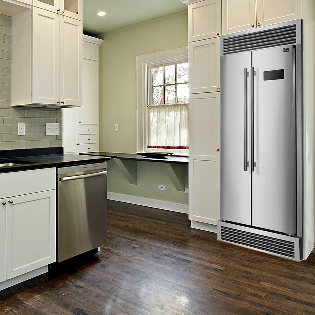 Stainless steel side-by-side refrigerator with double vertical handles