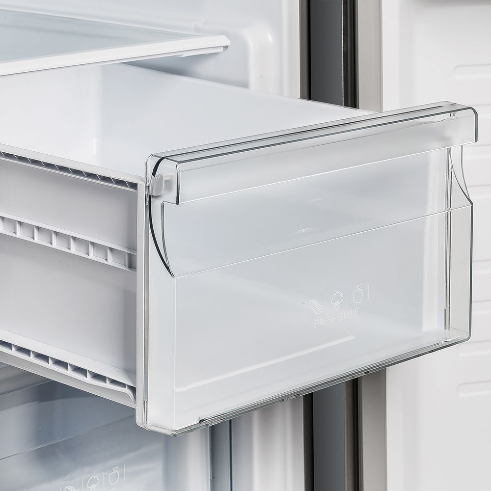 Stainless steel refrigerator with side-by-side doors and recessed professional handle