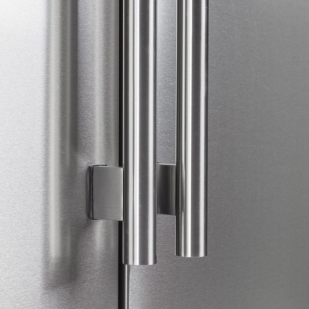 Stainless steel refrigerator door handle with vertical trim detail