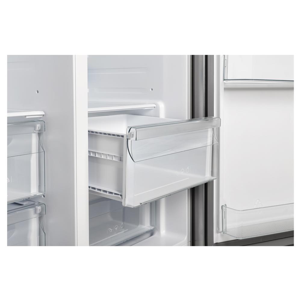 Refrigerator interior door shelf with clear bins and adjustable rails