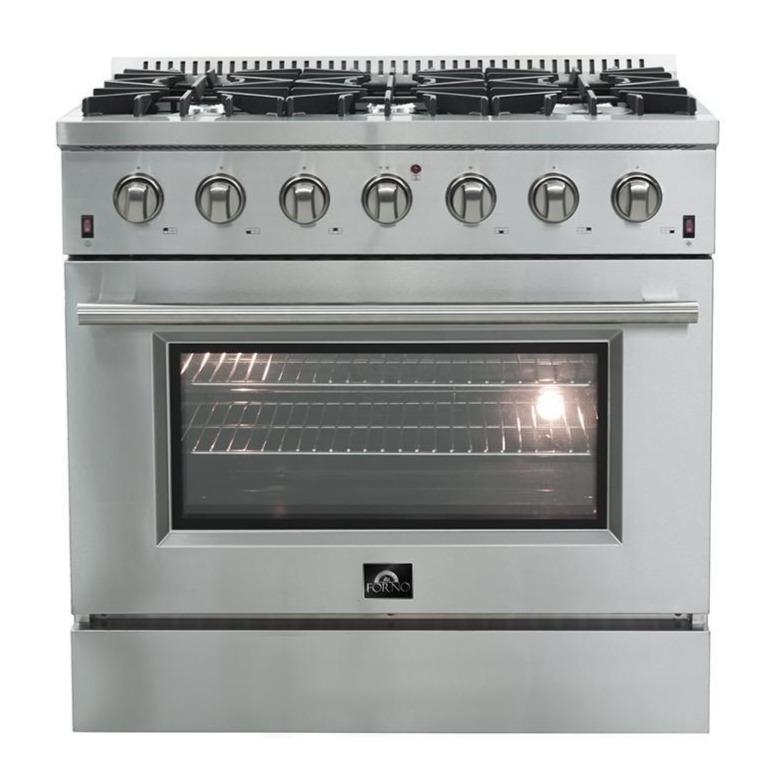 Forno 4-Piece Appliance Package - 36" Gas Range, 36" Refrigerator with Water Dispenser, Microwave Drawer, & 3-Rack Dishwasher in Stainless Steel Appliance Package Forno 
