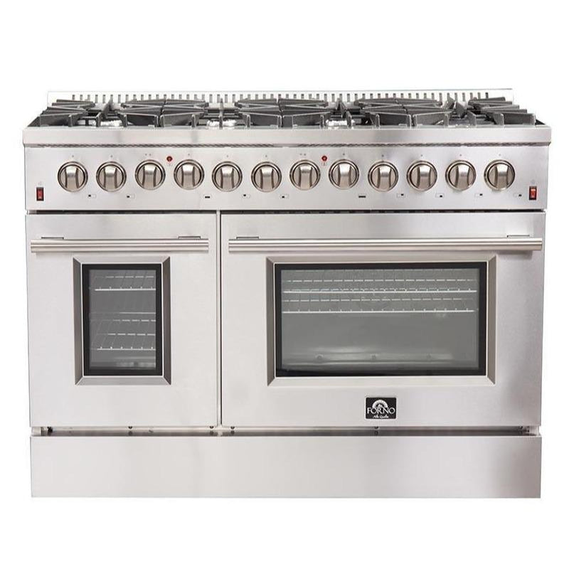 Forno 4-Piece Appliance Package - 48" Dual Fuel Range, 36" Refrigerator with Water Dispenser, Microwave Drawer, & 3-Rack Dishwasher in Stainless Steel Appliance Package Forno 