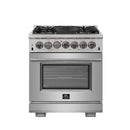 Forno 4-Piece Pro Appliance Package - 30" Dual Fuel Range, 36" Refrigerator with Water Dispenser, Microwave Oven, & 3-Rack Dishwasher in Stainless Steel Appliance Package Forno 