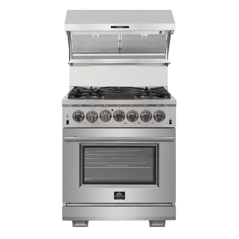 Forno 4-Piece Pro Appliance Package - 30" Dual Fuel Range, Premium Hood, French Door Refrigerator, and Dishwasher in Stainless Steel Appliance Package Forno 