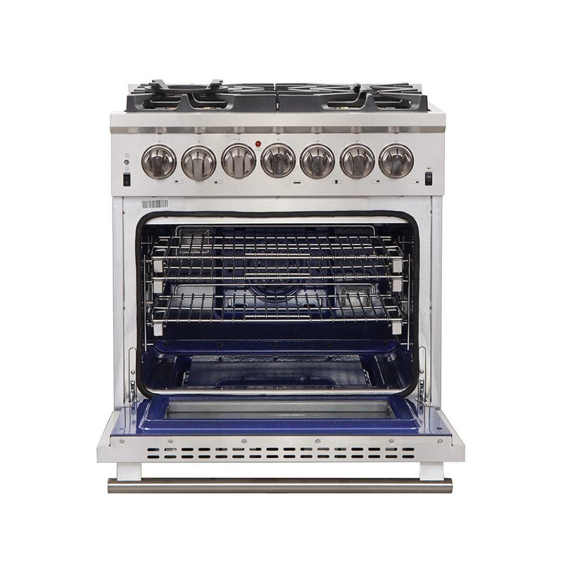 Forno 4-Piece Pro Appliance Package - 30" Dual Fuel Range, Premium Hood, French Door Refrigerator, and Dishwasher in Stainless Steel Appliance Package Forno 