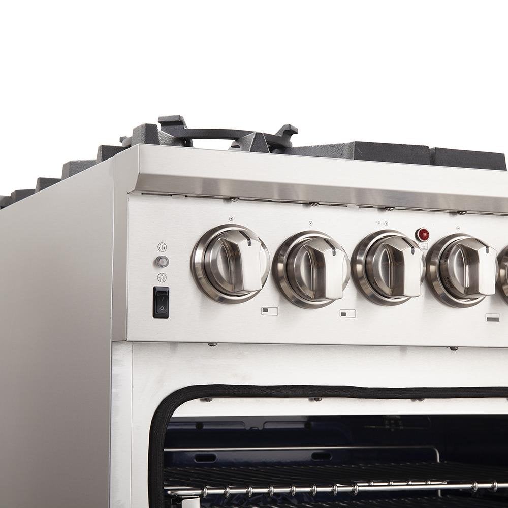 Stainless steel gas range cooktop with four burner knobs and black grates