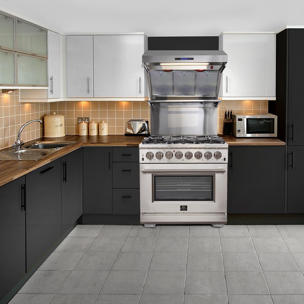 Kitchen appliance set featuring stainless dual-fuel range and microwave above the oven area.