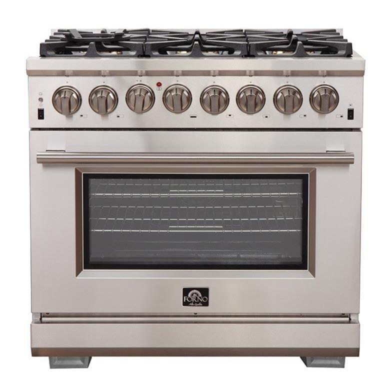 Stainless steel 36-inch dual-fuel range with gas burners and oven door front panel.
