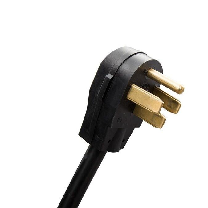 Black and brass power plug with two prongs and grounded plug head for appliance use.