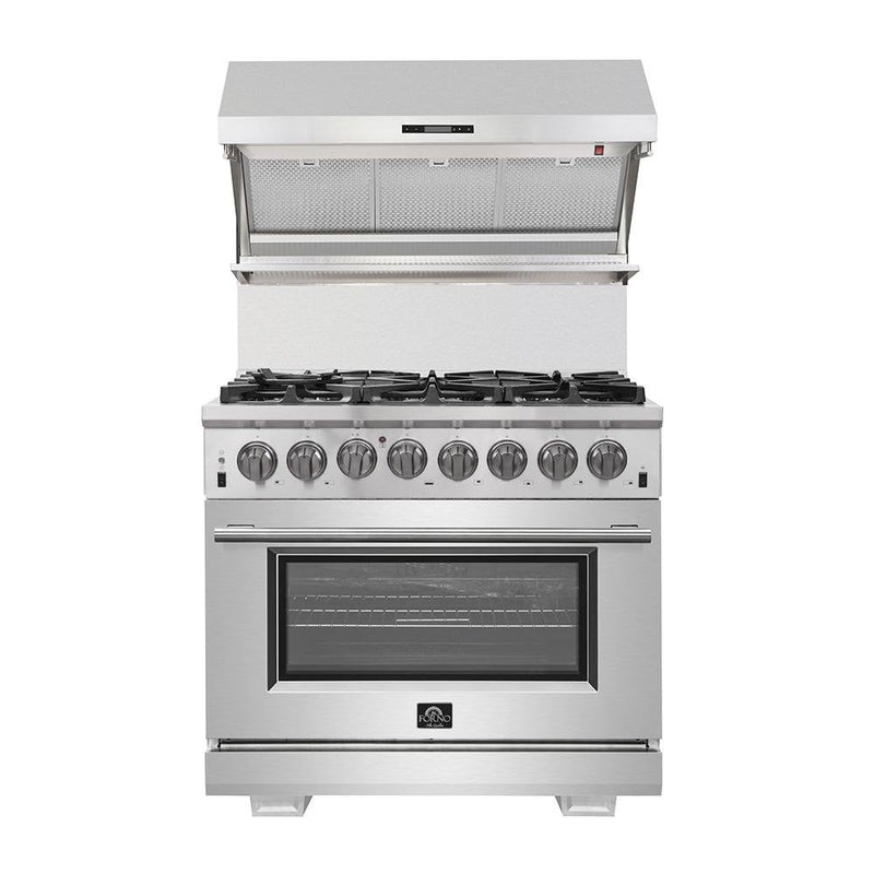 Forno 4-Piece Pro Appliance Package - 36" Dual Fuel Range, French Door Refrigerator, Wall Mount Hood with Backsplash, and Dishwasher in Stainless Steel Appliance Package Forno 