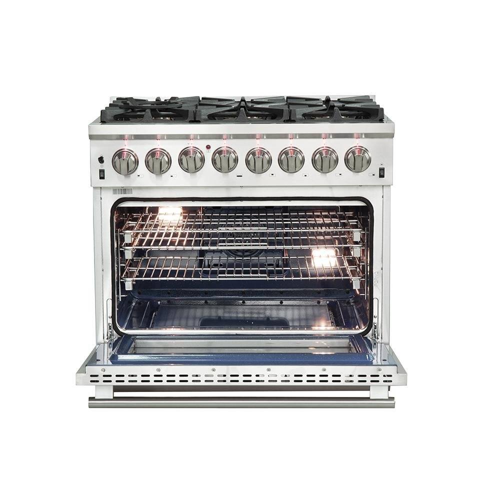 Stainless steel dual-fuel range with open oven door and control knobs