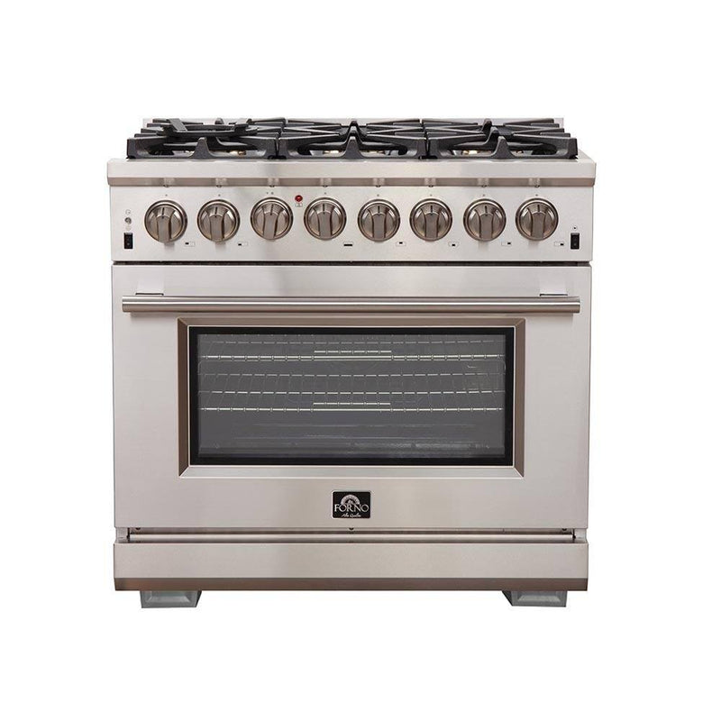 Forno 4-Piece Pro Appliance Package - 36" Dual Fuel Range, French Door Refrigerator, Wall Mount Hood with Backsplash, and Dishwasher in Stainless Steel Appliance Package Forno 