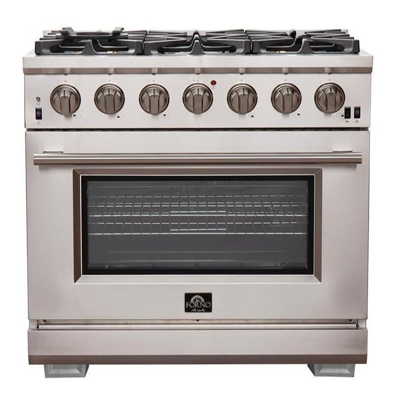 Forno 4-Piece Pro Appliance Package - 36" Gas Range, 36" Refrigerator with Water Dispenser, Microwave Drawer, & 3-Rack Dishwasher in Stainless Steel Appliance Package Forno 