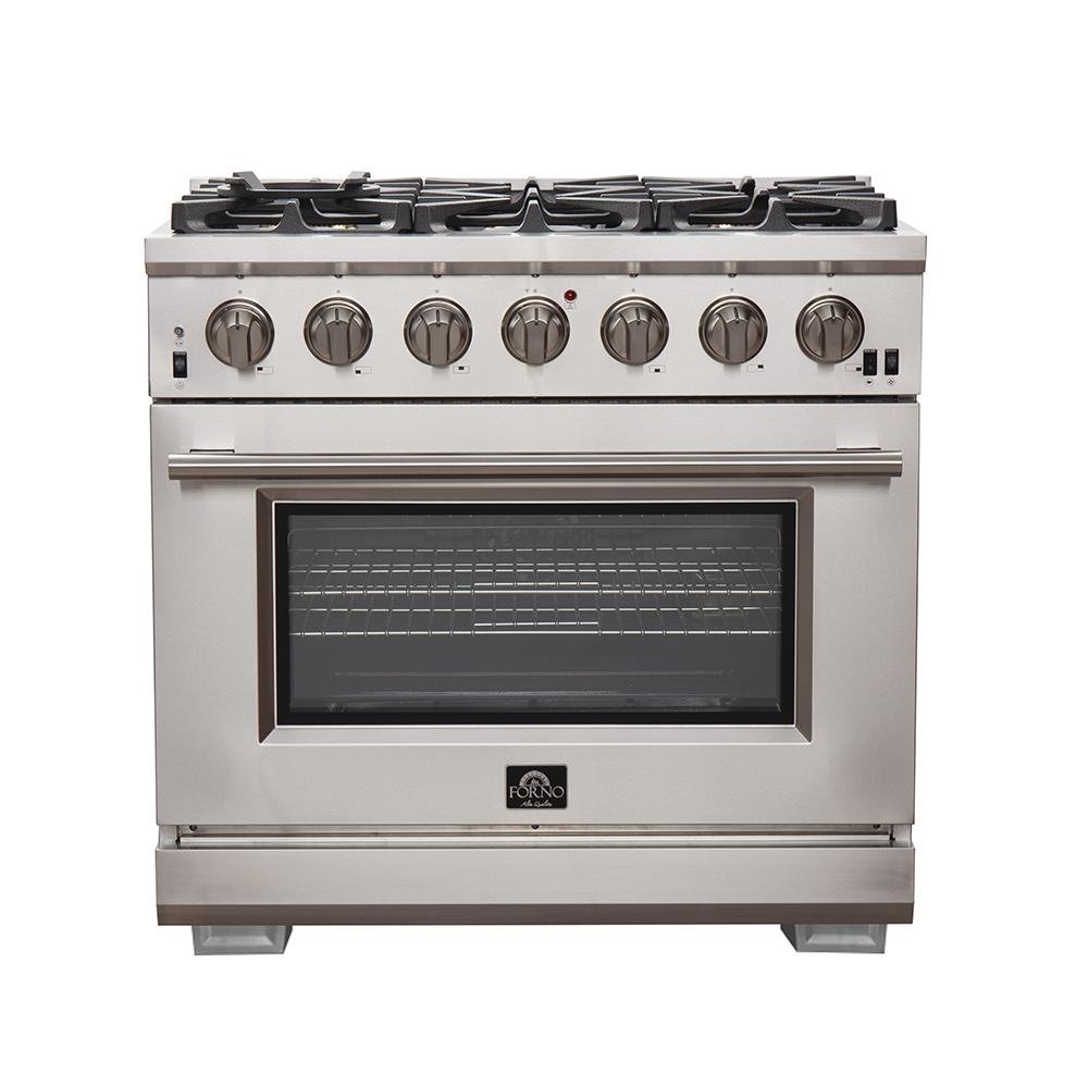 Stainless steel gas range with black glass oven door and control knobs