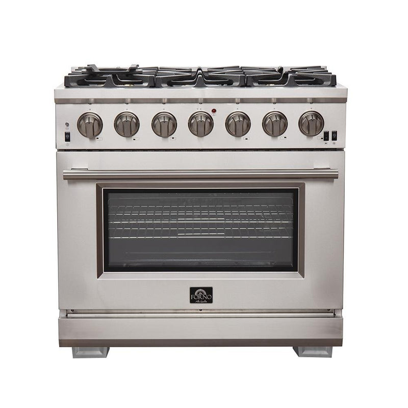 Forno 4-Piece Pro Appliance Package - 36" Gas Range, Wall Mount Hood with Backsplash, 36" French Door Refrigerator, and Dishwasher in Stainless Steel Appliance Package Forno 