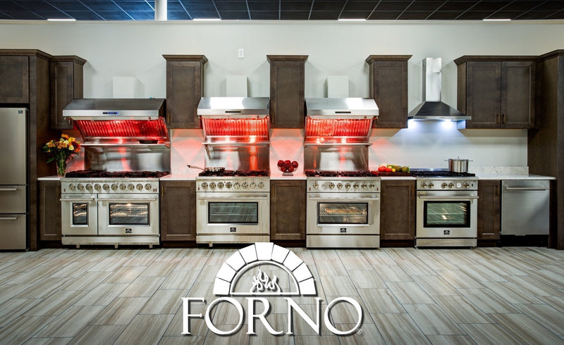 Forno 4-Piece Pro Appliance Package - 36" Gas Range, Wall Mount Hood with Backsplash, 36" French Door Refrigerator, and Dishwasher in Stainless Steel Appliance Package Forno 