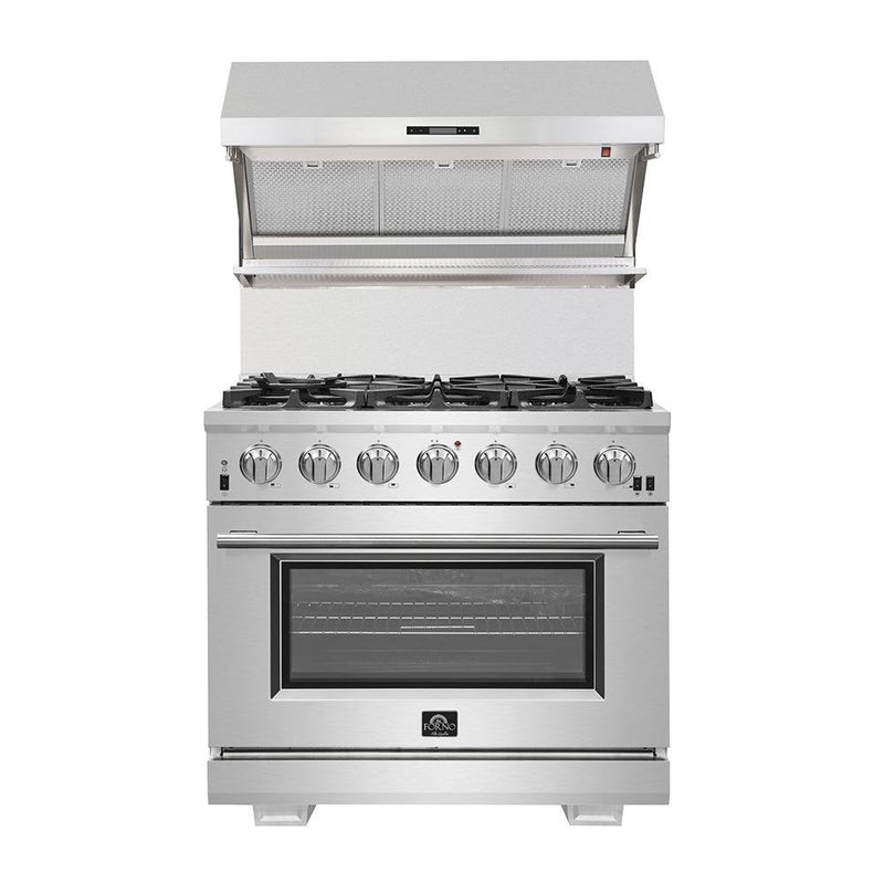 Forno 4-Piece Pro Appliance Package - 36" Gas Range, Wall Mount Hood with Backsplash, 36" French Door Refrigerator, and Dishwasher in Stainless Steel Appliance Package Forno 