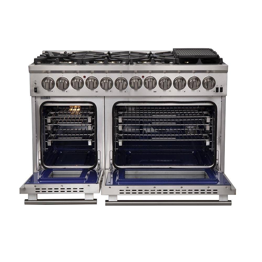 Stainless steel dual fuel range with two open oven doors and gas burner grates on top