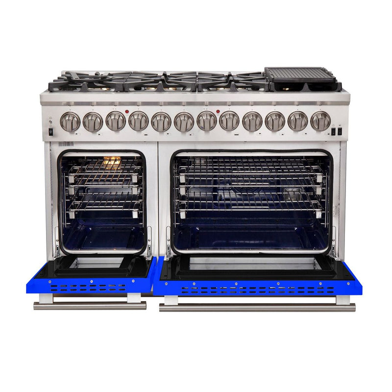 Forno 48" Capriasca Dual Fuel Range with 8 Gas Burners and 240v Electric Oven in Stainless Steel with Blue Door (FFSGS6187-48BLU) Ranges Forno 