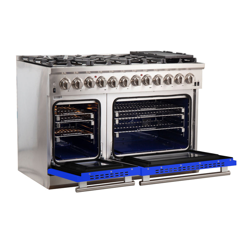 Forno 48" Capriasca Dual Fuel Range with 8 Gas Burners and 240v Electric Oven in Stainless Steel with Blue Door (FFSGS6187-48BLU) Ranges Forno 