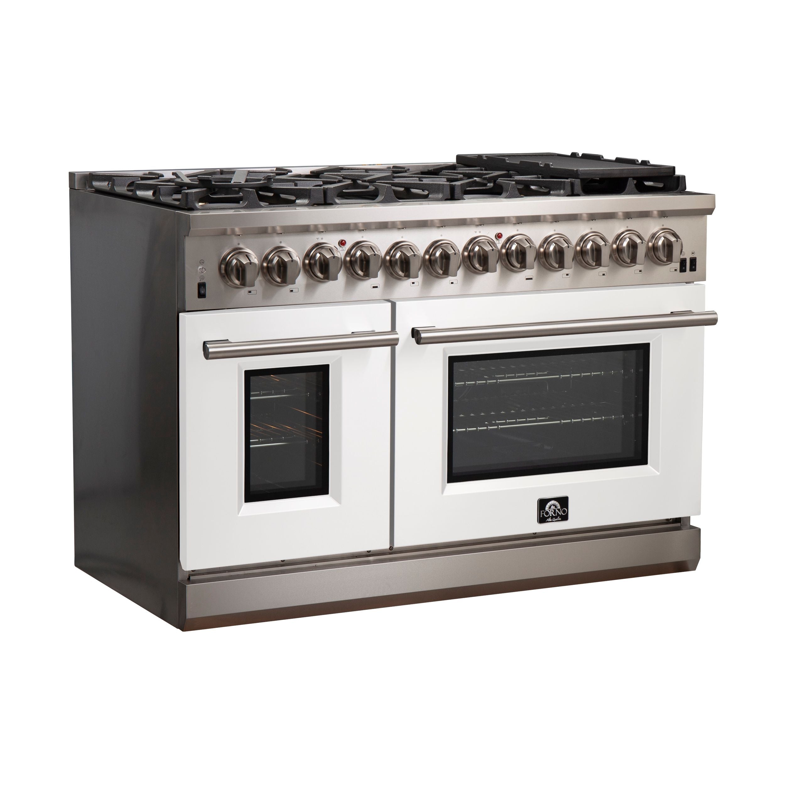 Stainless steel dual-fuel range with white oven doors, black cooktop grates, and knobs