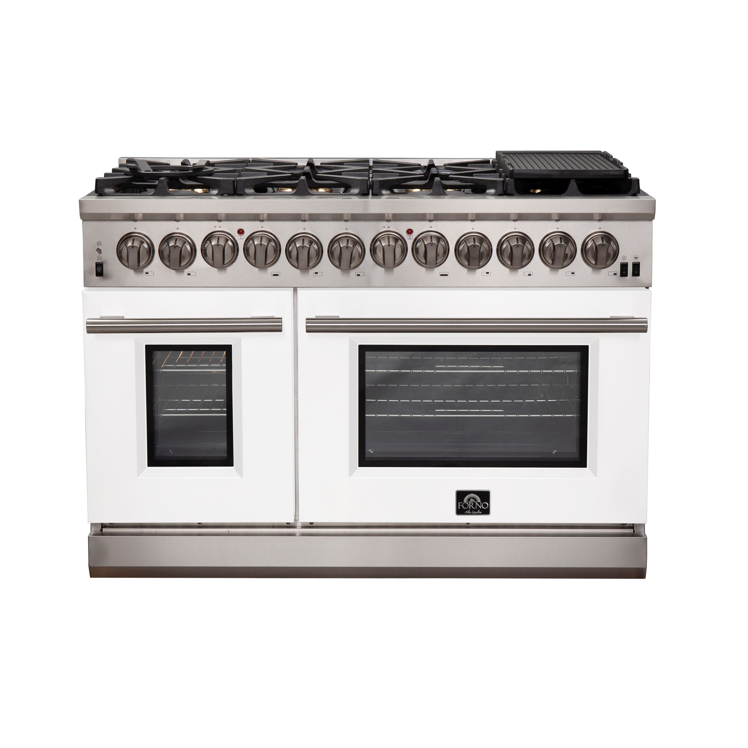 Stainless steel dual-fuel range with white doors, black cooktop, and burner knobs