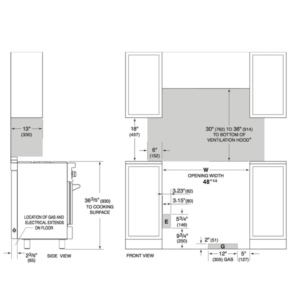 Gas range installation dimensions diagram with vent hood and clearance measurements
