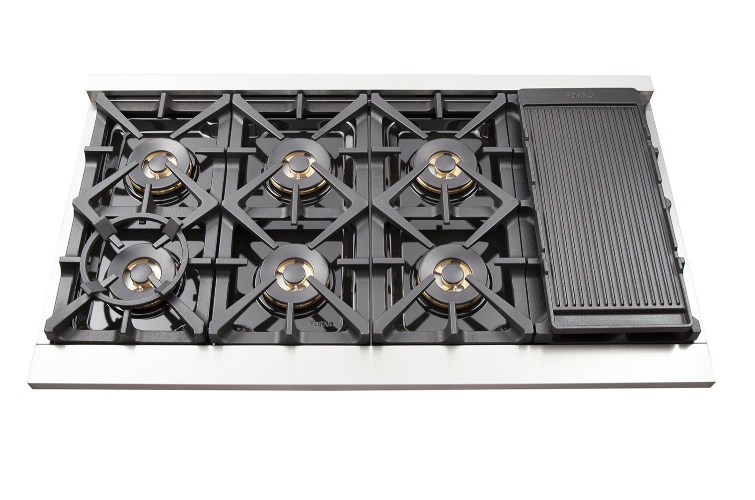 Stainless steel gas cooktop with four burners and right-side griddle