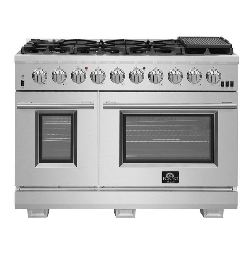 Stainless steel 48-inch gas range with front control knobs and oven doors