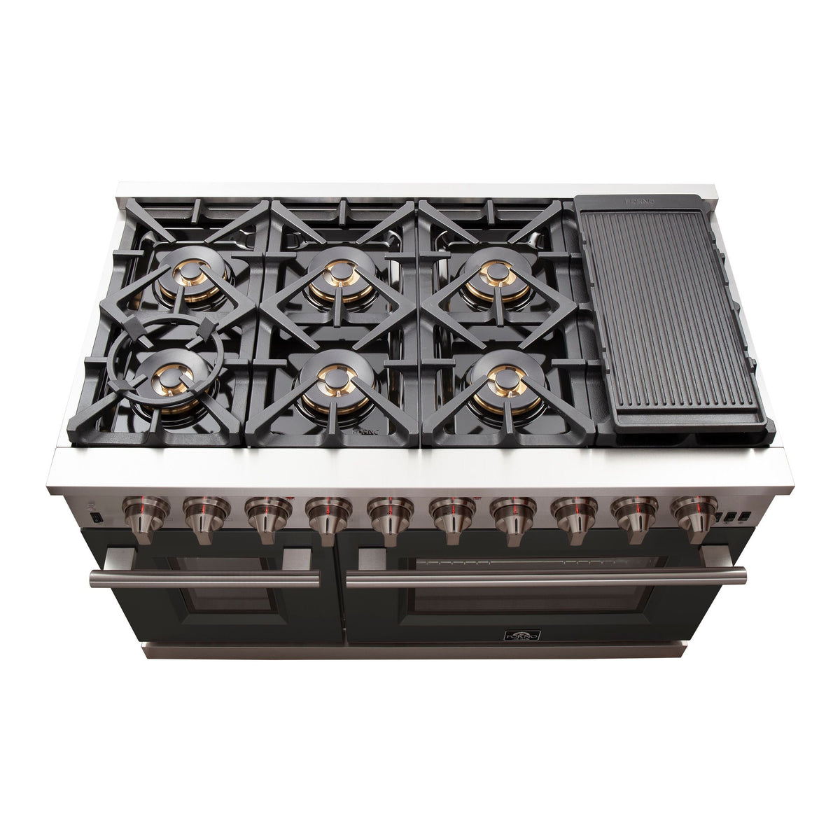 Stainless steel gas range cooktop with multiple burners and integrated griddle surface