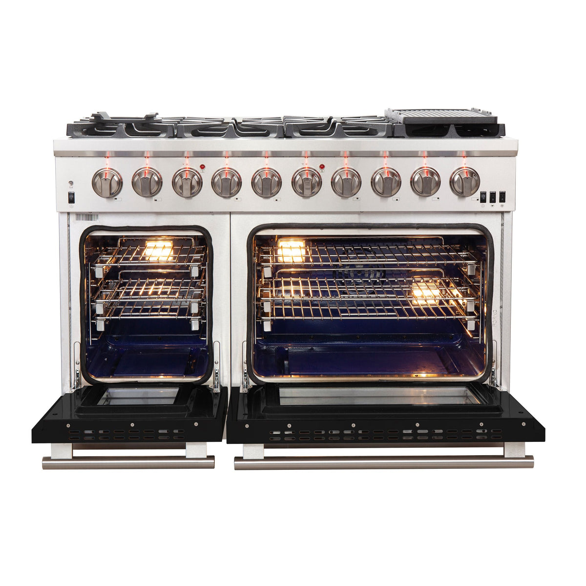 Stainless steel 48-inch gas range with both oven doors open and illuminated interior racks