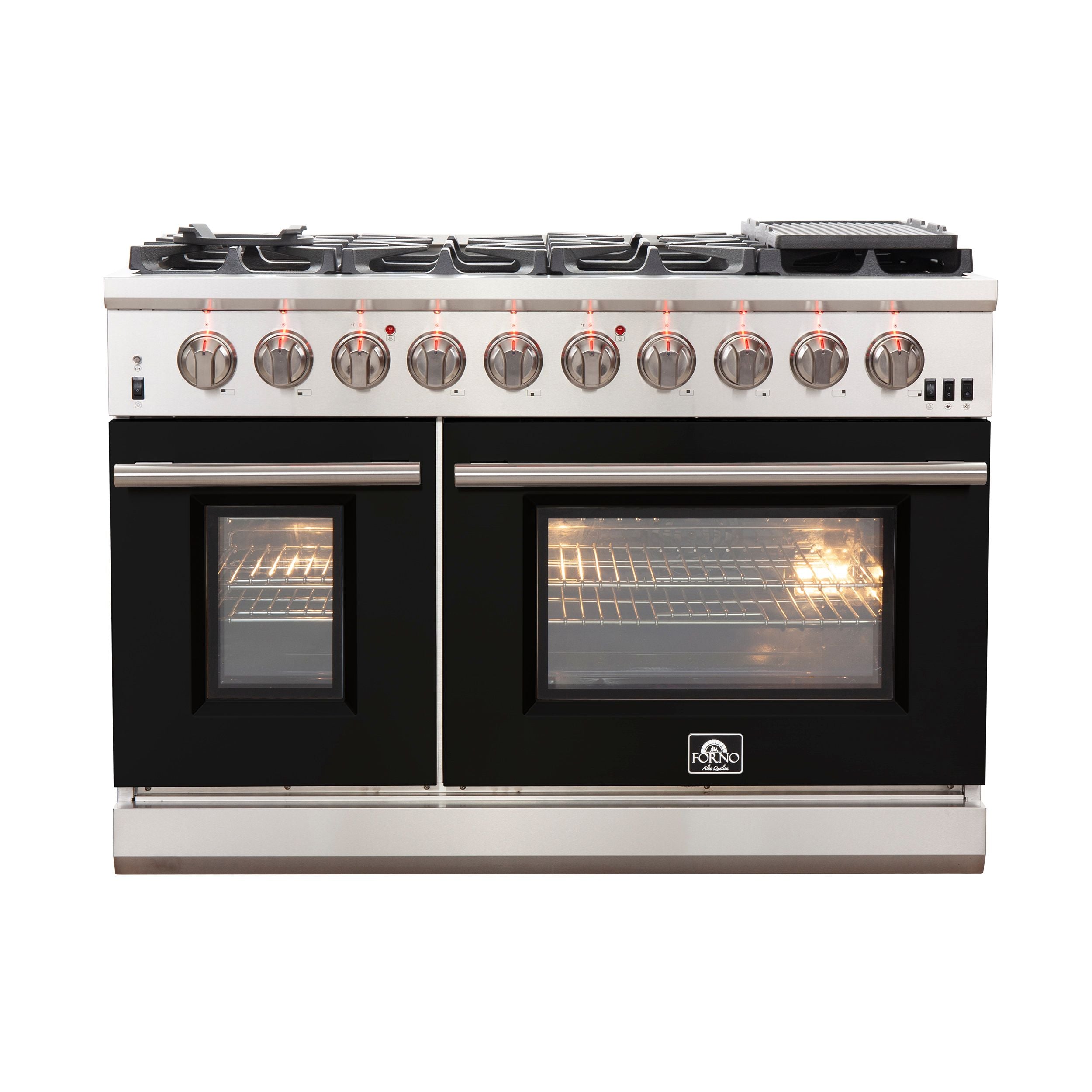 Stainless steel 48-inch gas range with black oven doors and burner control knobs